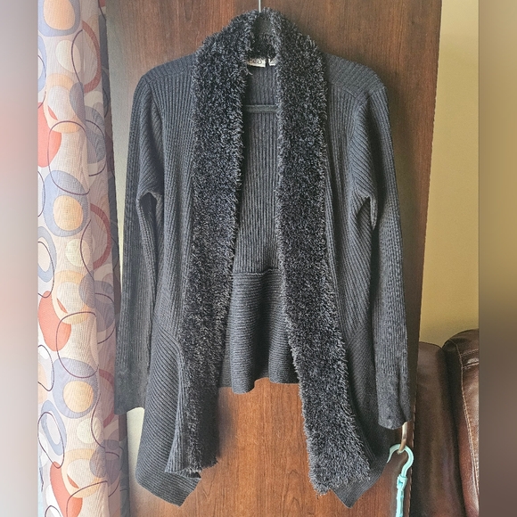 Cato Sweaters - Cato Black Fuzzy Trim Open Front Cardigan